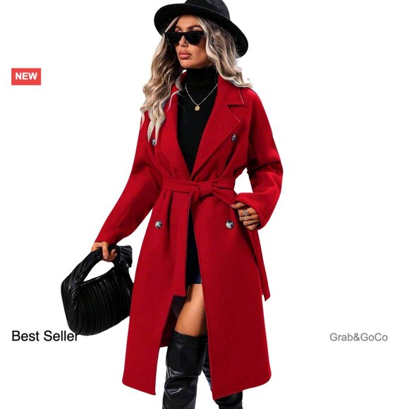 Wool Pea Coat Double Breasted Trench Belted Classic Elegant Winter Warm